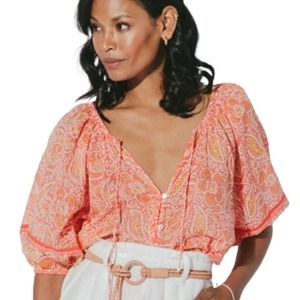 Cleobella Layla Blouse Orange Organic Cotton Blossom Block Print Size Small Boho